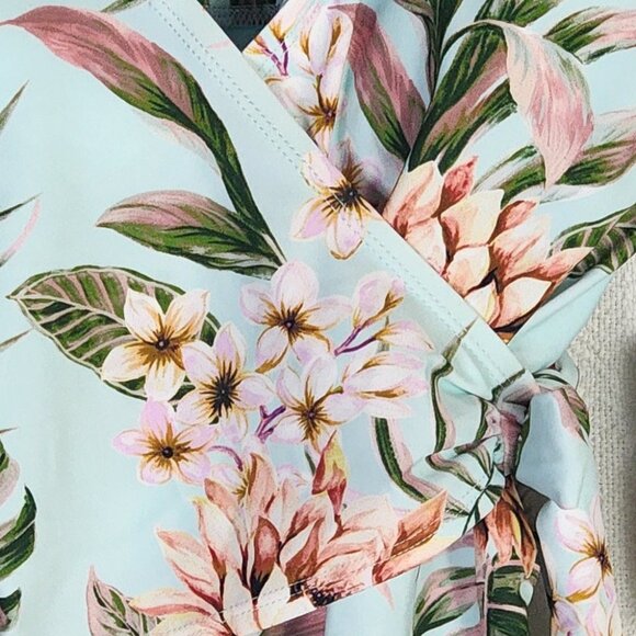 Kona Sol Sea Blue Pink Floral Lined High Coverage One Piece Bathing Suit SM 4-6 - Picture 4 of 16